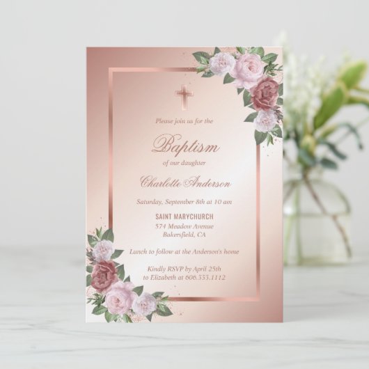 Blush Roze Rose Gold Floral Girl Baptisme Kaart (Staand voorkant)