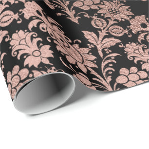 Blush Roze Rose Gold Floral Powder Black Metalliic Cadeaupapier