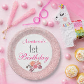 Blush Roze Rose Gold Glitter Floral 1e verjaardag Papieren Bordje (Feest)