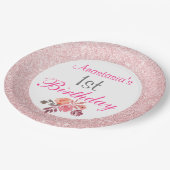 Blush Roze Rose Gold Glitter Floral 1e verjaardag Papieren Bordje (Gekanteld)