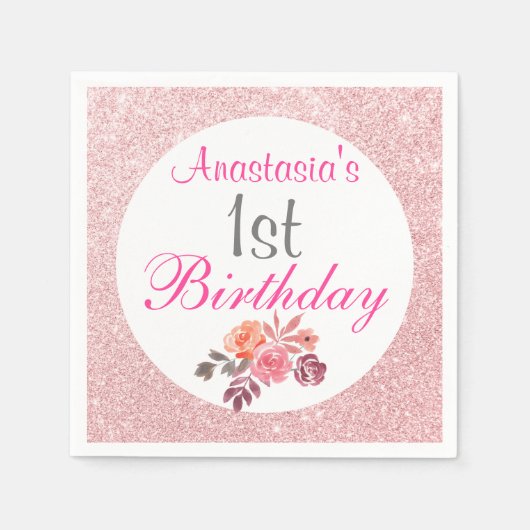 Blush Roze Rose Gold Glitter Floral 1e verjaardag Servet (Voorkant)