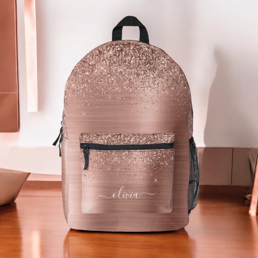 Blush Roze Rose Gold Glitter Monogram Naam Bedrukte Rugzak