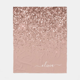 Blush Roze Rose Gold Glitter Monogram Naam Fleece Deken