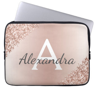 Blush Roze Rose Gold Metallic Glitter Monogram Laptop Sleeve