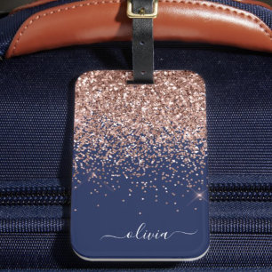 Blush Roze Rose Gold Navy Blue Glitter Monogram Bagagelabel