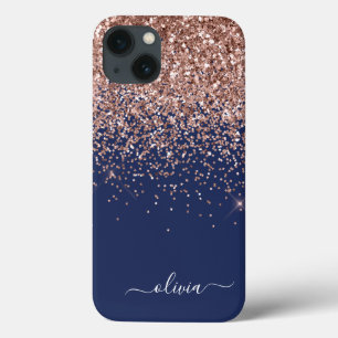 Blush Roze Rose Gold Navy Blue Glitter Monogram Ca Case-Mate iPhone Case