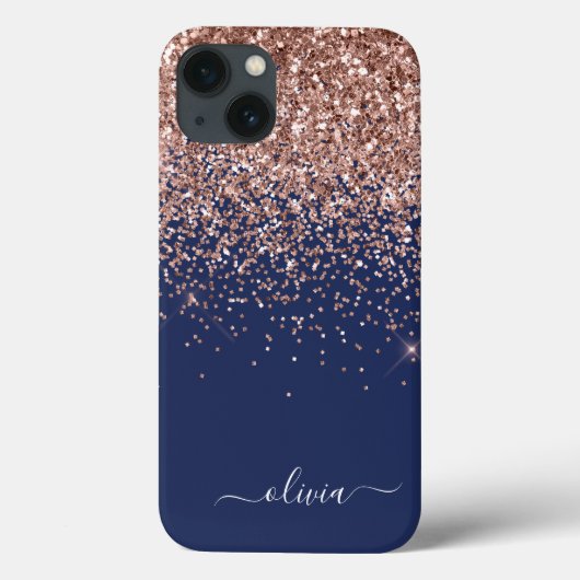 Blush Roze Rose Gold Navy Blue Glitter Monogram Ca Case-Mate iPhone Case (Achterkant)