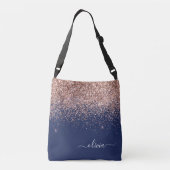 Blush Roze Rose Gold Navy Blue Glitter Monogram Crossbody Tas (Achterkant)