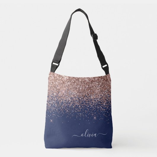 Blush Roze Rose Gold Navy Blue Glitter Monogram Crossbody Tas (Voorkant)