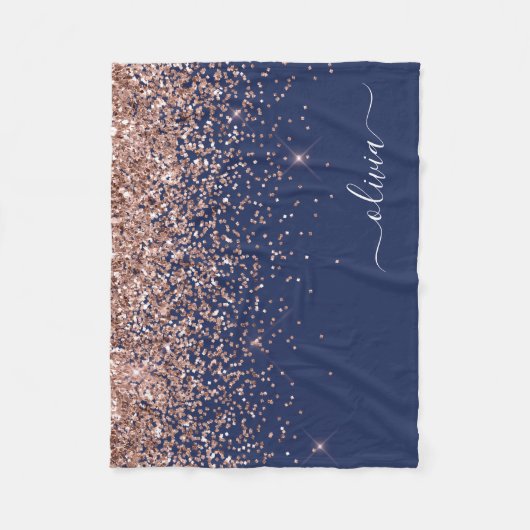 Blush Roze Rose Gold Navy Blue Glitter Monogram Fleece Deken (Voorkant)