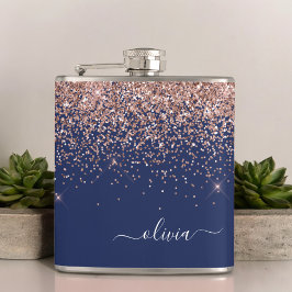 Blush Roze Rose Gold Navy Blue Glitter Monogram Heupfles