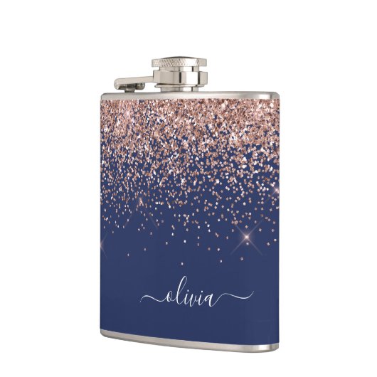 Blush Roze Rose Gold Navy Blue Glitter Monogram Heupfles (Links)