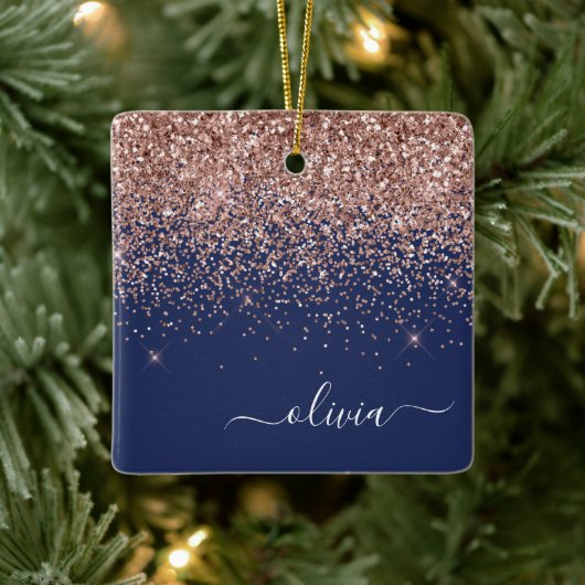 Blush Roze Rose Gold Navy Blue Glitter Monogram Keramisch Ornament (Boom)