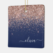 Blush Roze Rose Gold Navy Blue Glitter Monogram Keramisch Ornament (Links)