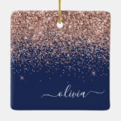 Blush Roze Rose Gold Navy Blue Glitter Monogram Keramisch Ornament (Achterkant)