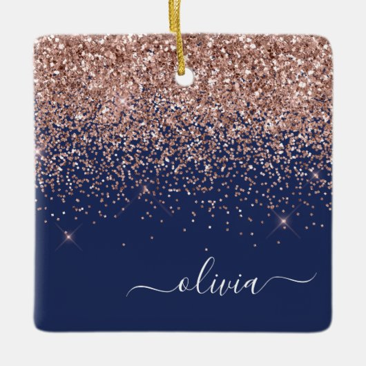 Blush Roze Rose Gold Navy Blue Glitter Monogram Keramisch Ornament (Voorkant)