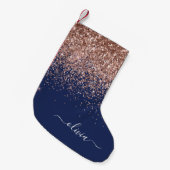 Blush Roze Rose Gold Navy Blue Glitter Monogram Kleine Kerstsok (Voorkant (Hangend))