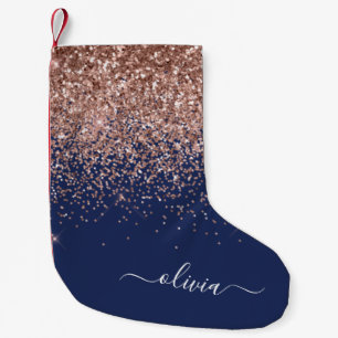 Blush Roze Rose Gold Navy Blue Glitter Monogram Kleine Kerstsok