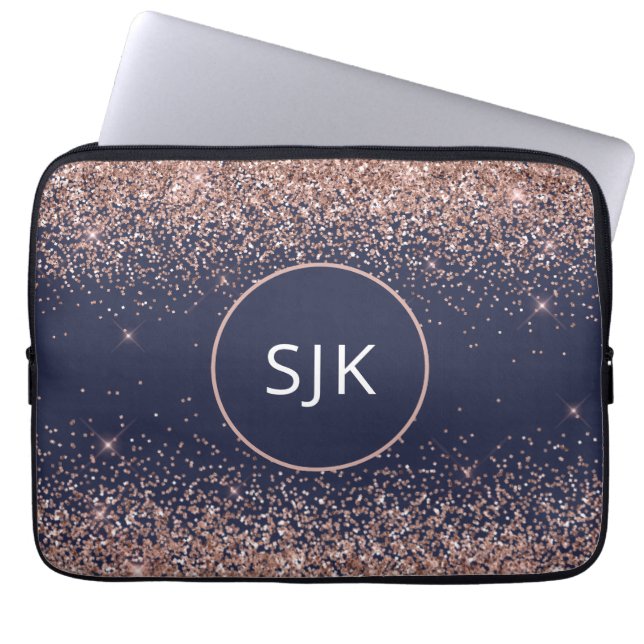 Blush Roze Rose Gold Navy Blue Glitter Monogram Laptop Sleeve (Voorkant)