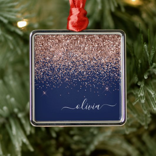 Blush Roze Rose Gold Navy Blue Glitter Monogram Metalen Ornament (Boom)