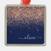 Blush Roze Rose Gold Navy Blue Glitter Monogram Metalen Ornament (Voorkant)