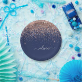 Blush Roze Rose Gold Navy Blue Glitter Monogram Papieren Bordje (Feest)