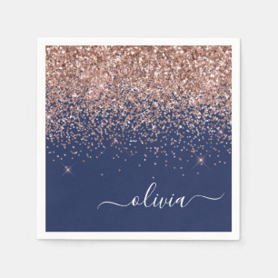 Blush Roze Rose Gold Navy Blue Glitter Monogram Servet