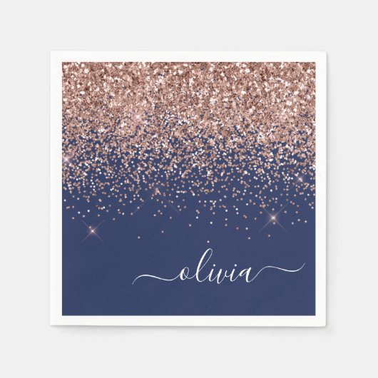 Blush Roze Rose Gold Navy Blue Glitter Monogram Servet (Voorkant)