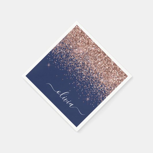 Blush Roze Rose Gold Navy Blue Glitter Monogram Servet (Hoek)