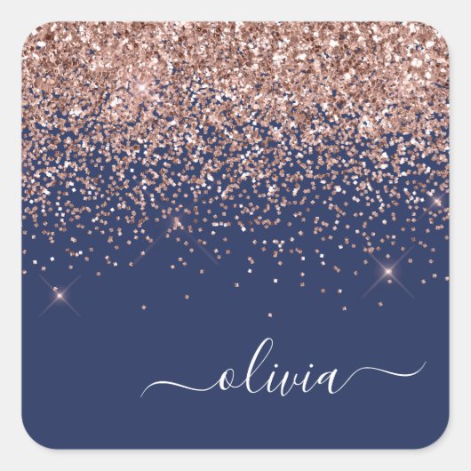 Blush Roze Rose Gold Navy Blue Glitter Monogram Vierkante Sticker (Voorkant)