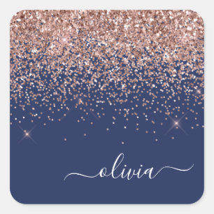 Blush Roze Rose Gold Navy Blue Glitter Monogram Vierkante Sticker