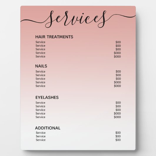 Blush roze Rose Gold Salon Price List Service Menu Fotoplaat (Voorkant)