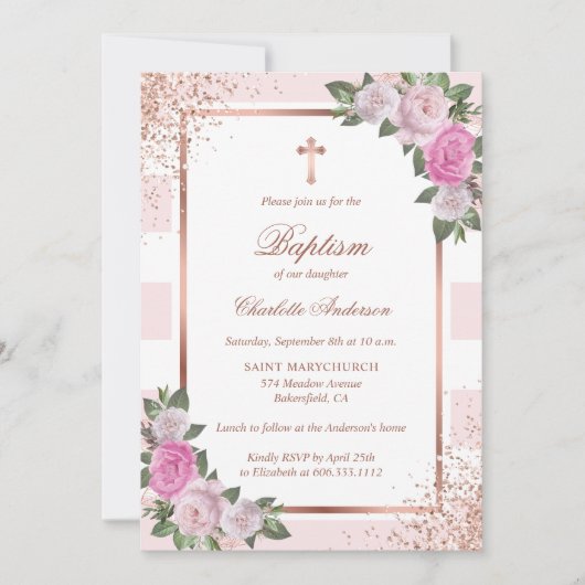 Blush Roze Rose Gold Striped Floral Girl Baptisme Kaart (Voorkant)