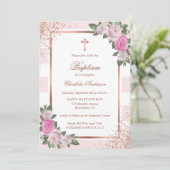 Blush Roze Rose Gold Striped Floral Girl Baptisme Kaart (Staand voorkant)