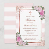 Blush Roze Rose Gold Striped Floral Girl Baptisme Kaart (Voorkant / Achterkant)