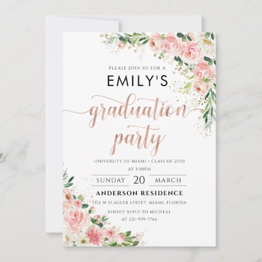 Blush Roze Rose Goud Afstudeerfeest Uitnodiging (Voorkant)