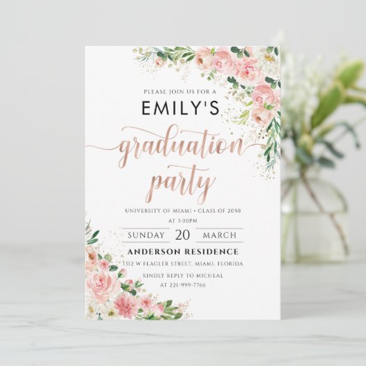 Blush Roze Rose Goud Afstudeerfeest Uitnodiging (Staand voorkant)