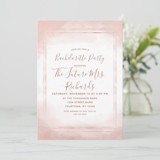 Blush Roze Rose Goud Bachelorette Party Uitnodigin Kaart (Staand voorkant)