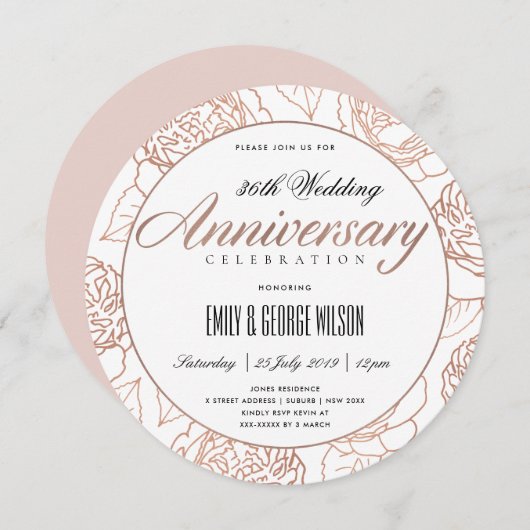 BLUSH ROZE ROSE GOUD BLOEM ELK JAAR JUBILEUM KAART (Voorkant / Achterkant)