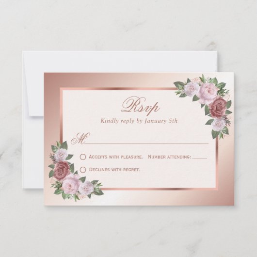 Blush Roze Rose Goud Bloemen Bruiloft RSVP Kaarten (Voorkant)