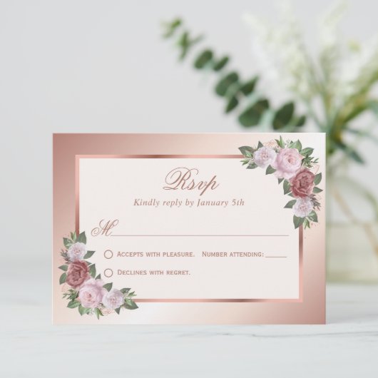 Blush Roze Rose Goud Bloemen Bruiloft RSVP Kaarten (Staand voorkant)