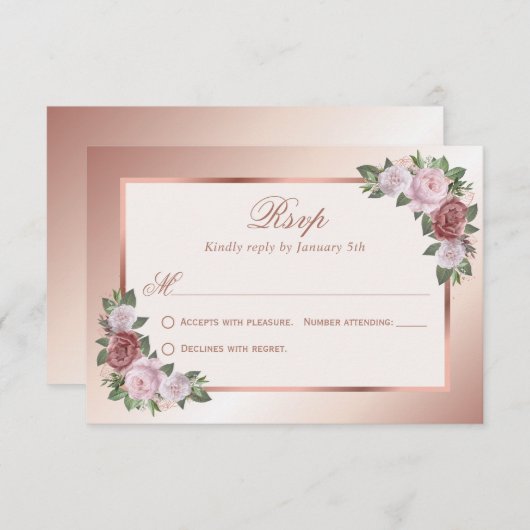 Blush Roze Rose Goud Bloemen Bruiloft RSVP Kaarten (Voorkant / Achterkant)