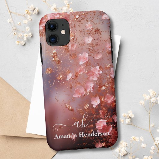 Blush Roze Rose Goud Bloemen Glitter Monogrammed Case-Mate iPhone Case