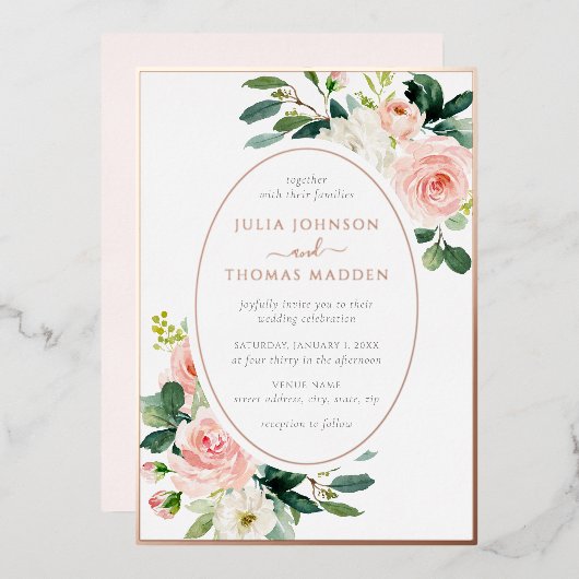 Blush Roze Rose Goud Bloemen Lijst bruiloft Folie Uitnodiging (Voorkant / Achterkant)