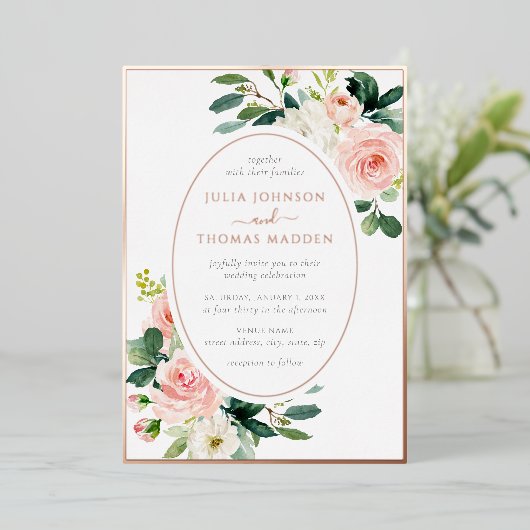 Blush Roze Rose Goud Bloemen Lijst bruiloft Folie Uitnodiging (Staand Voorkant)