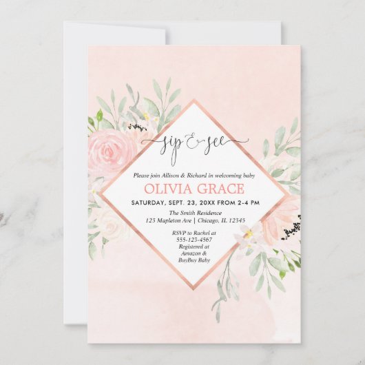 Blush roze rose goud bloemenmeisje Sip en See Kaart (Voorkant)