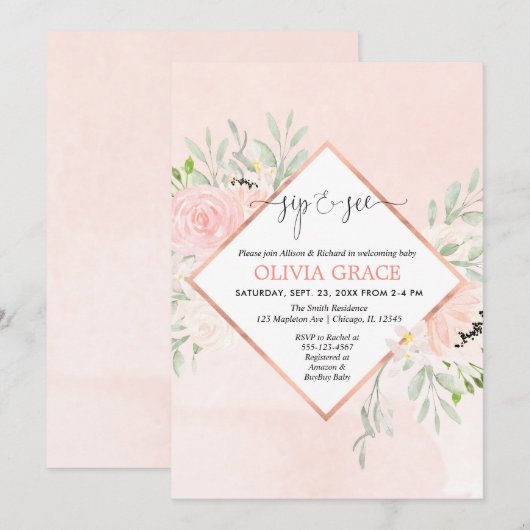 Blush roze rose goud bloemenmeisje Sip en See Kaart (Voorkant / Achterkant)