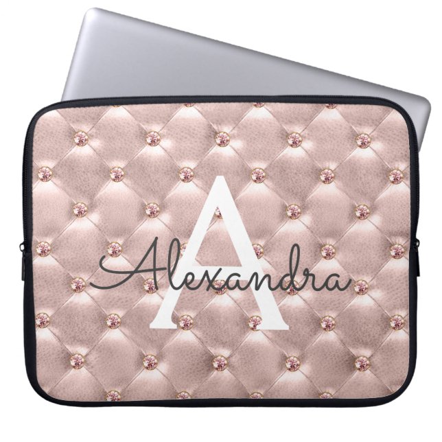Blush Roze Rose Goud Elegant  Monogram Laptop Sleeve (Voorkant)