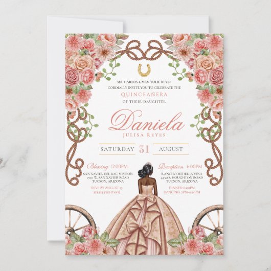 Blush Roze Rose Goud Elegante Charro Quinceanera Kaart (Voorkant)