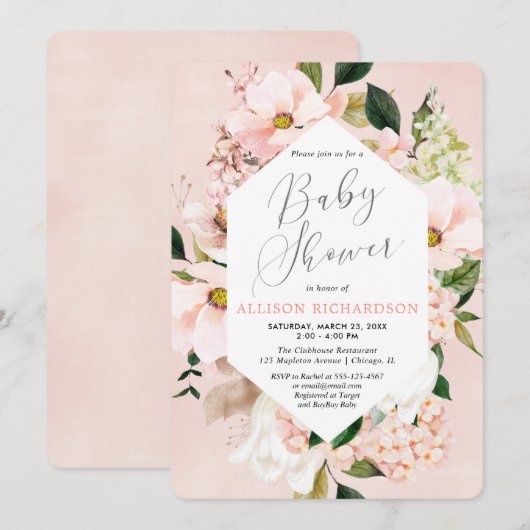 Blush roze rose goud floral waterverf baby shower kaart (Voorkant / Achterkant)